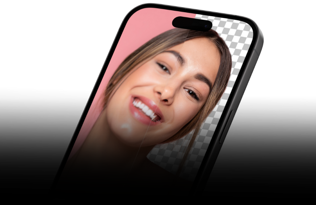 a beautiful women smiling on an iPhone screen