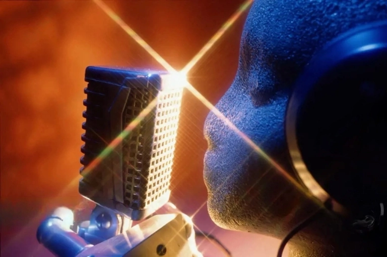a robot/ai singing into a studio mic